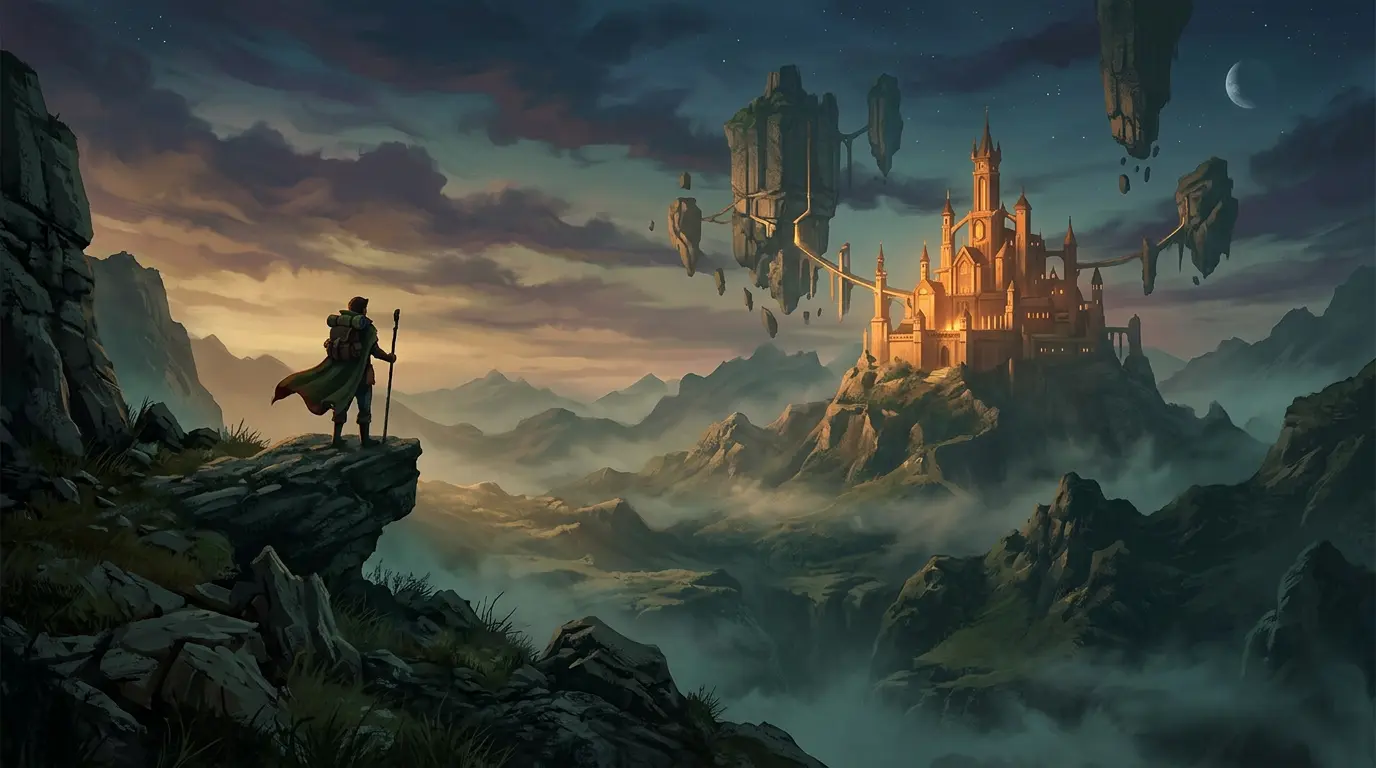 A traveller on a cliff overlooking a valley and a glowing citadel among floating islands